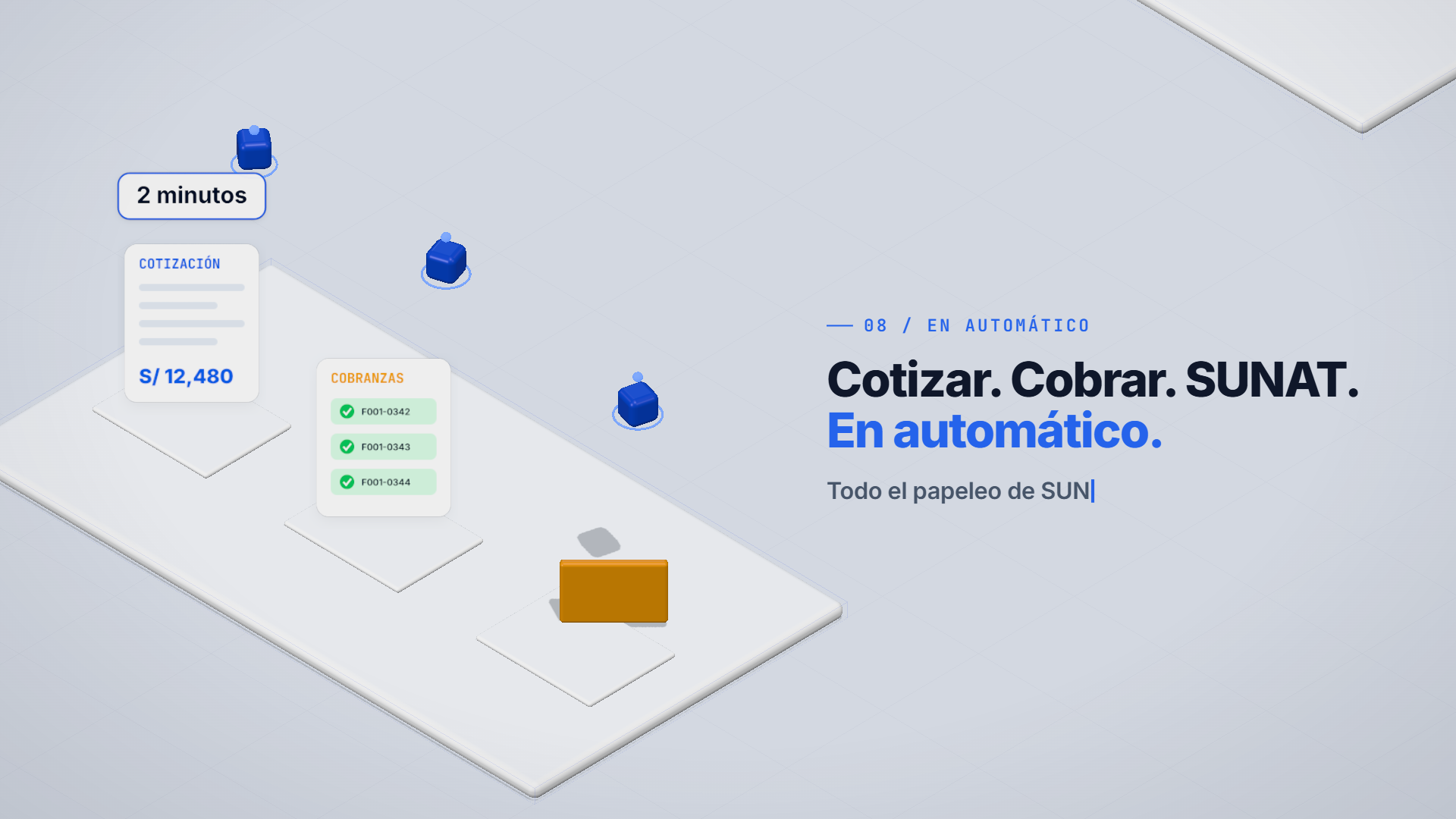 Tres estaciones: cotizacion, cobranzas y SUNAT, con un agente sobre cada una