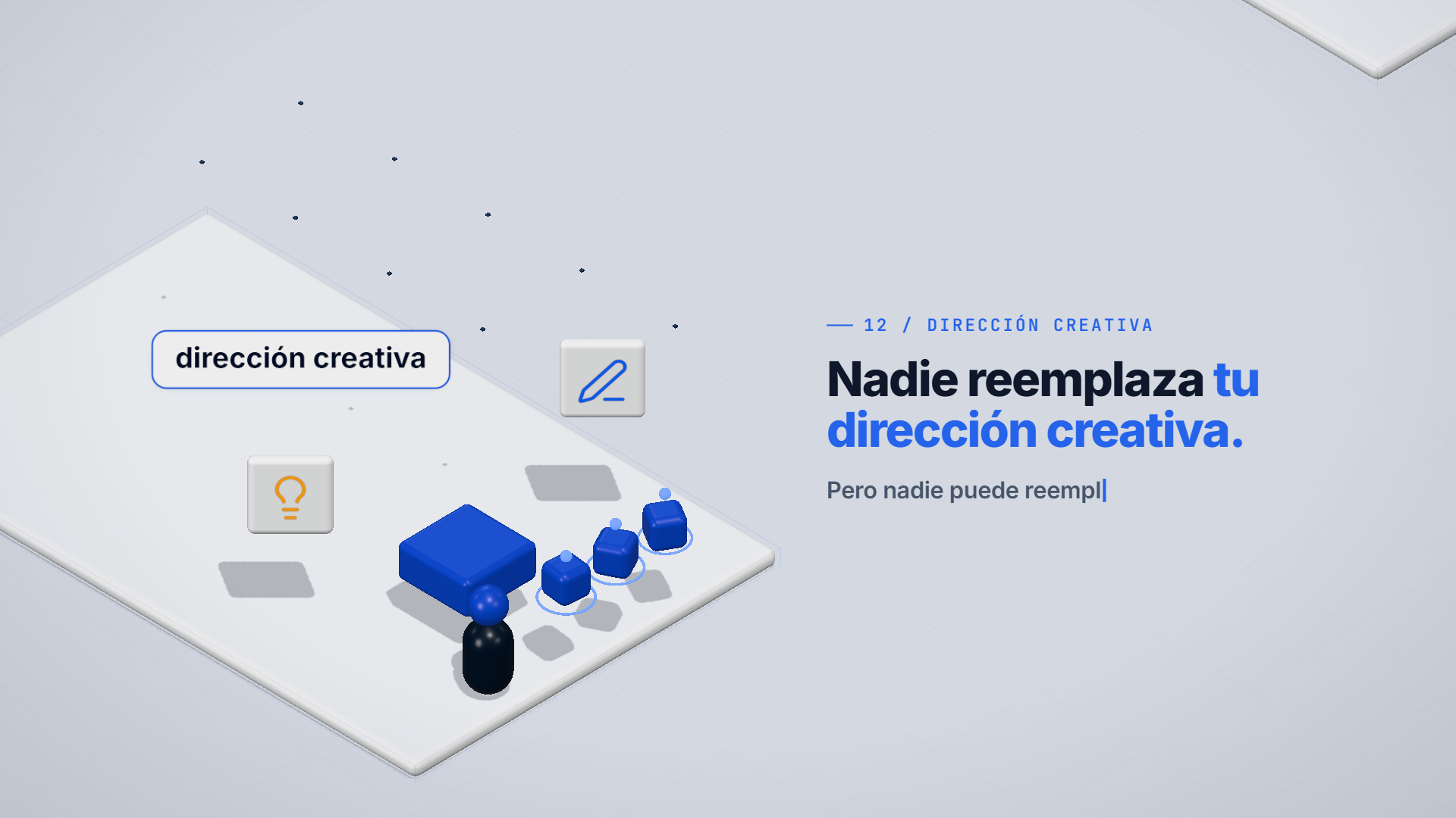 Una persona junto a un bloque azul con un lapiz y una bombilla; los agentes se llevan los bloques grises